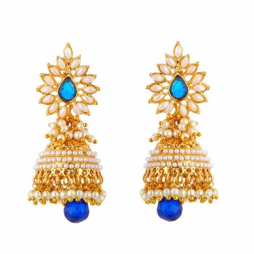 Zeneme Earring Gold Plated Copper Trendy Designer Pearl Studded Dark Bluwee Cz Stone Jhumki Aashiqui 2 Style Earring Jewellery For Girls And Women