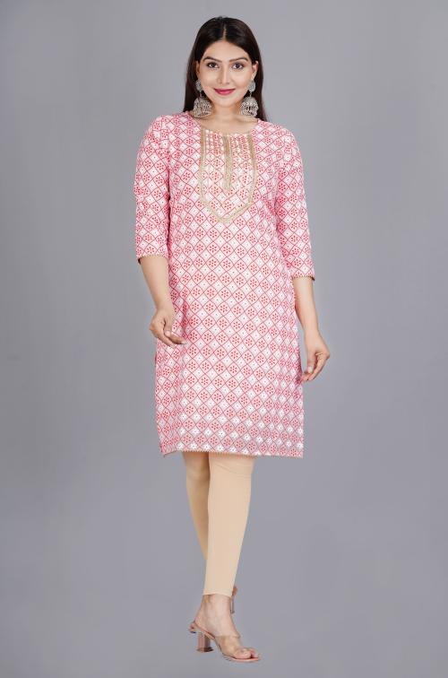 ORUVAN Rayon Pink Printed Kurti For Women
