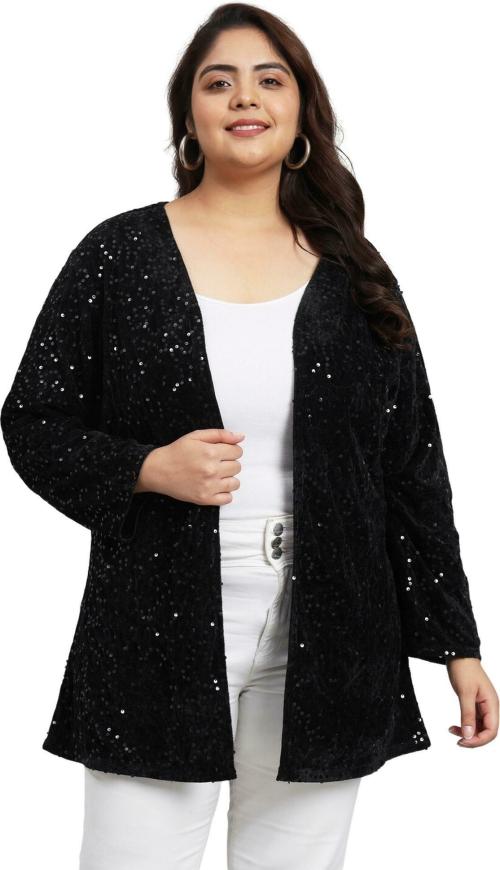 UR SENSE Women Black Solid Cotton Blend Straight Shrug