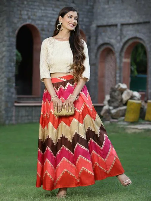 Juniper Women's Coral Silk Printed Lehenga Choli Set