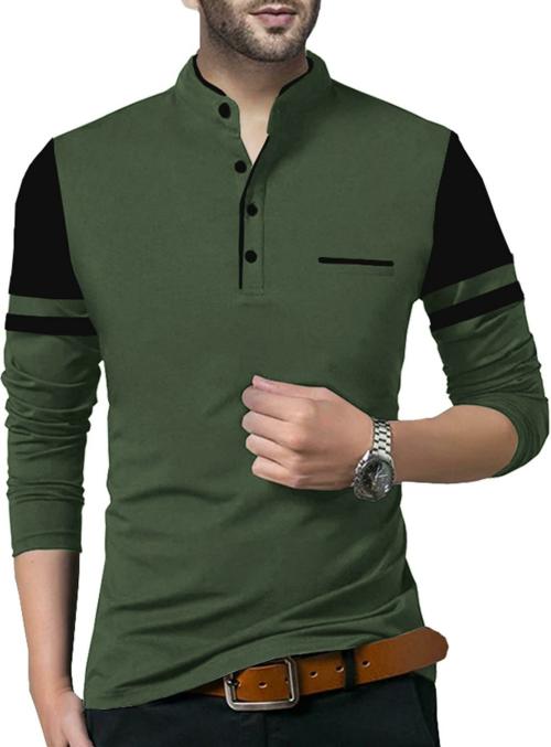 TRIPR Solid Men Mandarin Collar Dark Green, Black T-Shirt| T-Shirt For Men| Mens Tshirt| Printed Mens Tshirt | T-Shirt