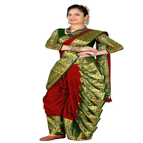 TREFLIN Women's Cotton Soft Silk Nauvari Saree Marathi Maharastrian Full Stitched Saree With Contrast Blouse Piece (Red)