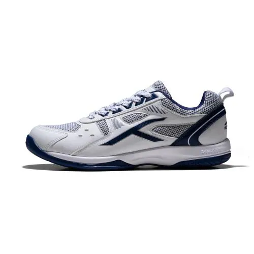 Hundred Raze Non Marking Badminton Shoes | Also Perfect for Squash, Table Tennis, Volleyball, Basketball & Indoor Sports | Lightweight & Durable | X-Cushion, Active Grip Sole, Toe Assist (White/Navy ; UK 8)