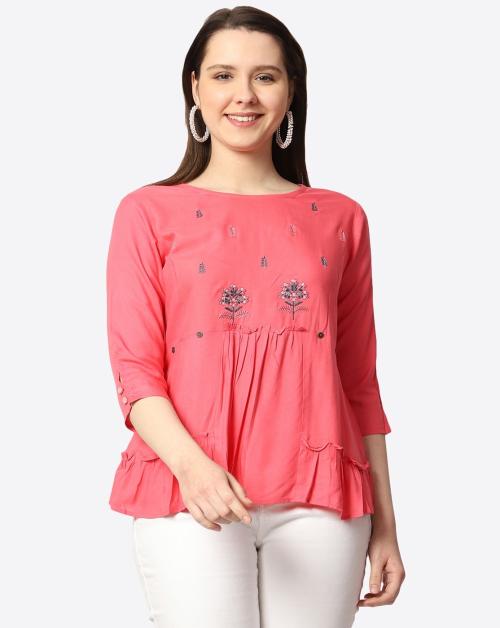 Prettify Casual Embroidered Women Pink Top