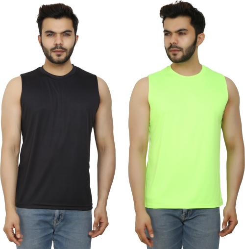PRIME PLUS Black and Neon Green Solid Round Neck Gym Vest - L (Pack of 2)