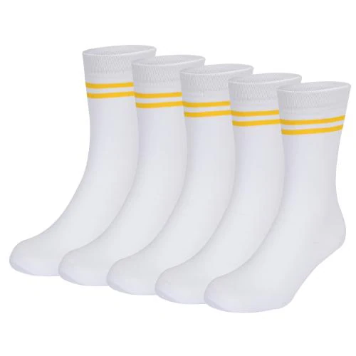 Bizala White Color with Yellow Stripes Calf Length Cotton School Socks for Boys & Girls (Pack of 5 Pairs) 4-5Y