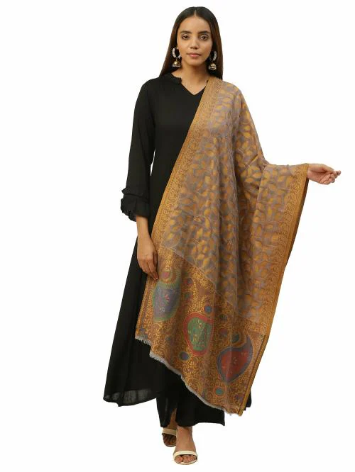 Anekaant Brown & Multi Woven Paisley Pure Wool Shawl