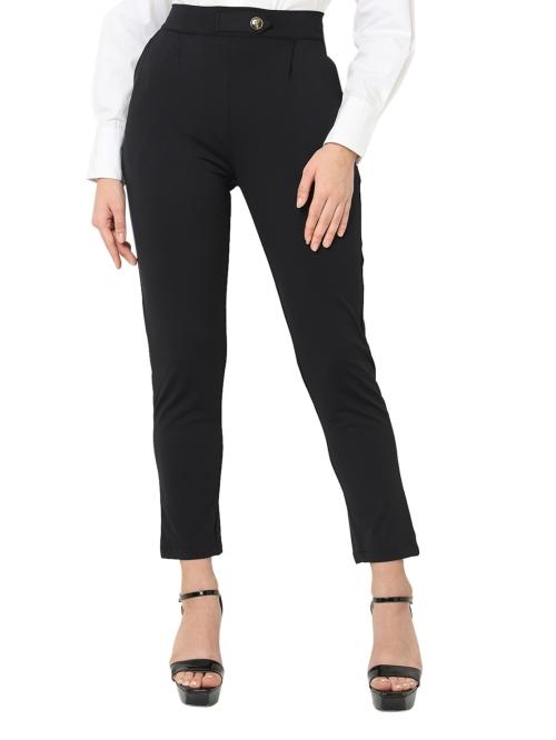 Smarty Pants women's cotton lycra high raise waist ankle length black formal trouser
