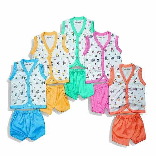 Onplay Junior New Born Baby Dress Of Printed Tshirt and Shorts Cotton Combo Clothing Sets For 0-3 Months New Born Baby Boy or Baby Girl Infants Pack of 5 Jhabla Sets