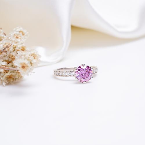 Mystical Hues 1.50 ct Pink Moissanite Engagement Ring , 7.50mm Round Brilliant Cut Classic Ring for Women DEF - VVS Quality Certified and Hallmarked