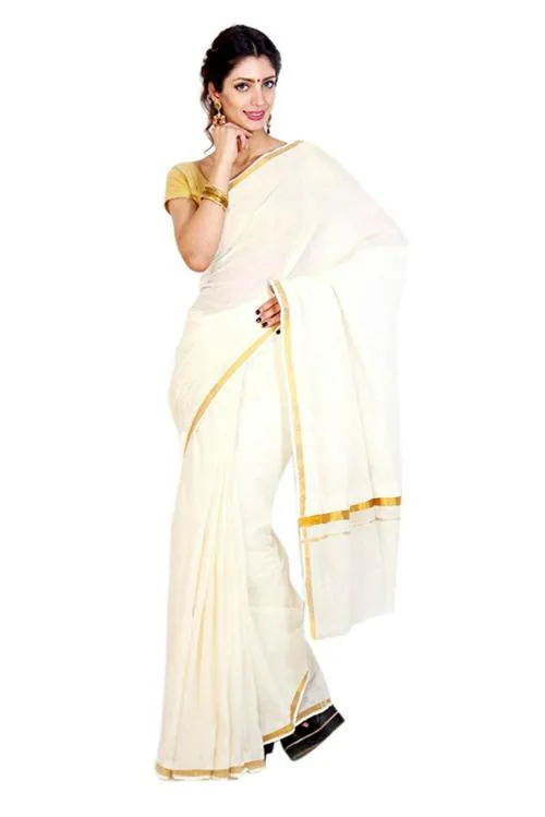 Fashionkiosks Women Pure Cotton Kerala Kasavu Saree With Attached Blouse Piece