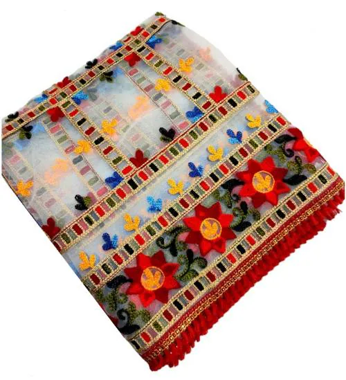 DHARMEE Women's Heavy Net Fancy Festival Phulkari White Dupatta For Women