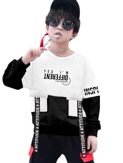 Jump Cuts Boys Round Neck Full Sleeve White and Black Cotton Slim Fit Tshirt
