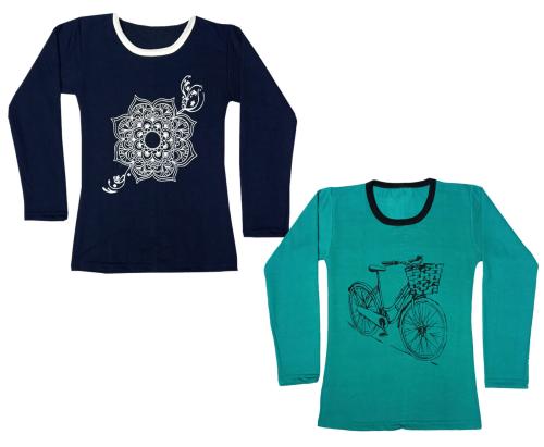 IndiWeaves Fleece Warm Printed T-Shirts for Girls Winter Wear (Pack of 2) Multicolor