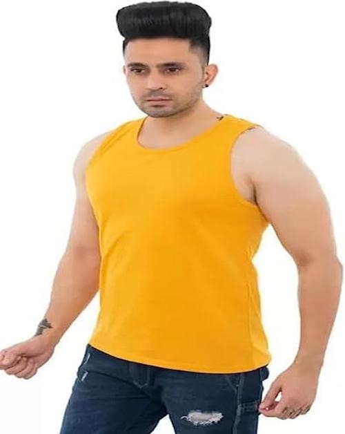 REVIZO Round Neck Men's Regular Fit Cotton Vest for Men,Yellow