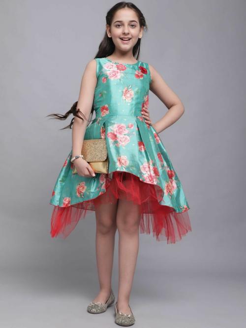 Bollylounge Girls Turquoise Digital Print Silk Single Fit And Flare Dress