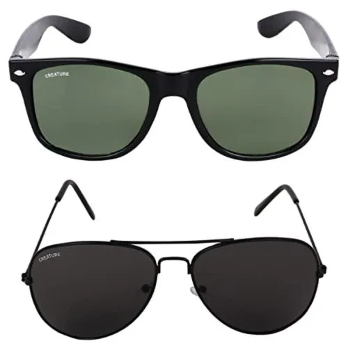 Creature Glossy & Matt Finish Unisex Wayfarer & Aviator Sunglasses Combo|(SUN-003-004)