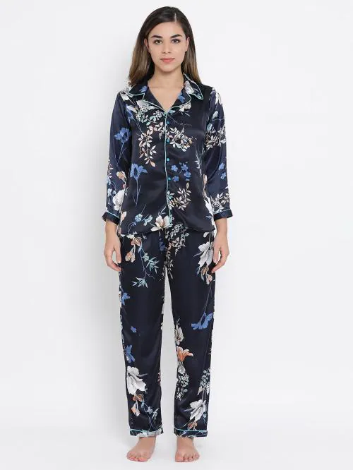 Clovia Women's Blue Floral Print Satin Pack of 2 Top & Pyjama Set