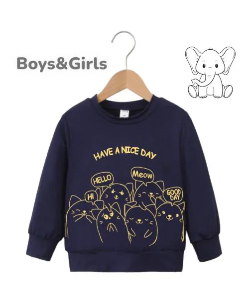METRO STITCH Boys & Girls Full Sleeve Animal Printed 100% Pure & Premium Cotton Sweatshirt -Navy cat (4-5Years) Navy (Pack of 1)