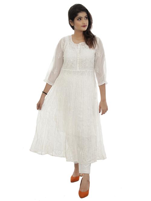 Lucknowi Chikankari Georgette Anarkali Gown with Slip .