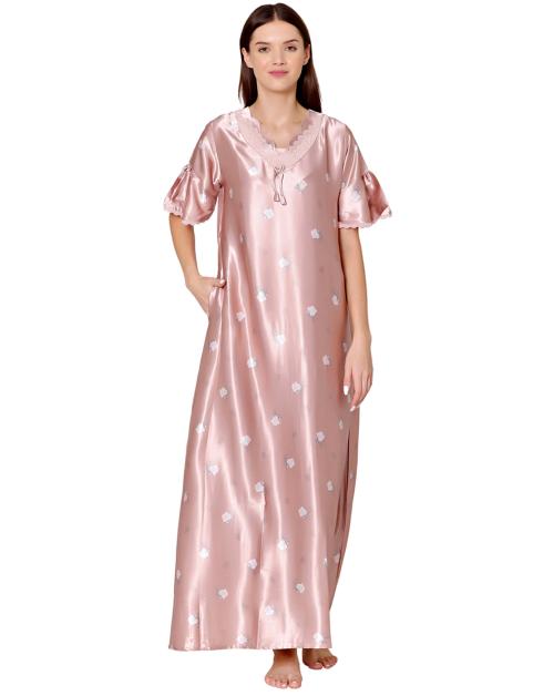 Bodycare Womens Satin V Neck Printed Long Night Dress-BSN6006B
