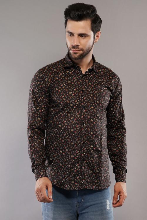 Tu-Good 100% Cotton Full Sleeve Regular Fit All Over Floral Print Casual Black Shirt For Men