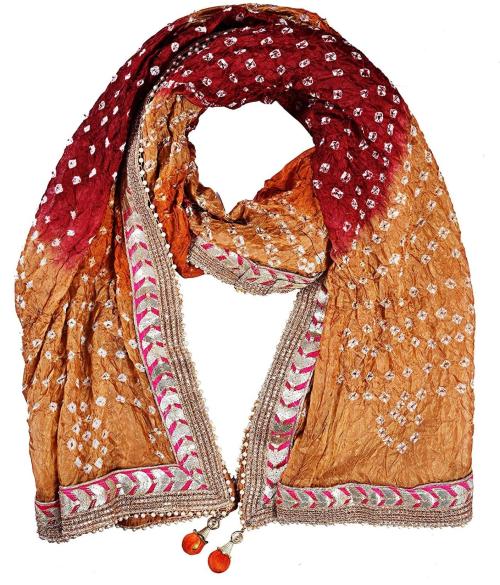 PK HUB Women Beige and Pink Bandhani Silk Bandhej Dupatta - 2.2 m