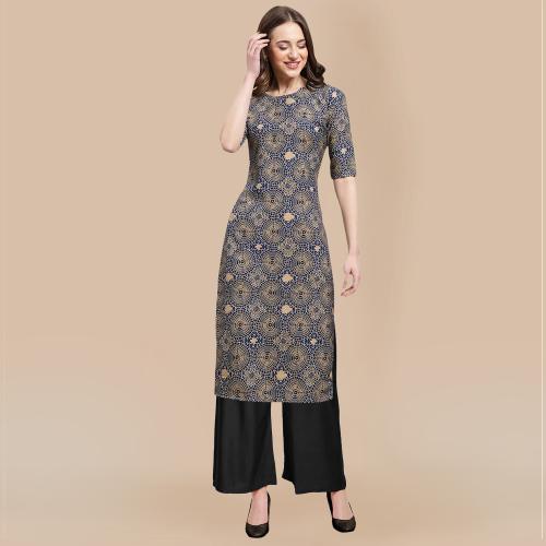 1 Stop Fashion Women's Navy Blue Color Kurta and Black Palazzo Set {530341-Black Palazzo_S}