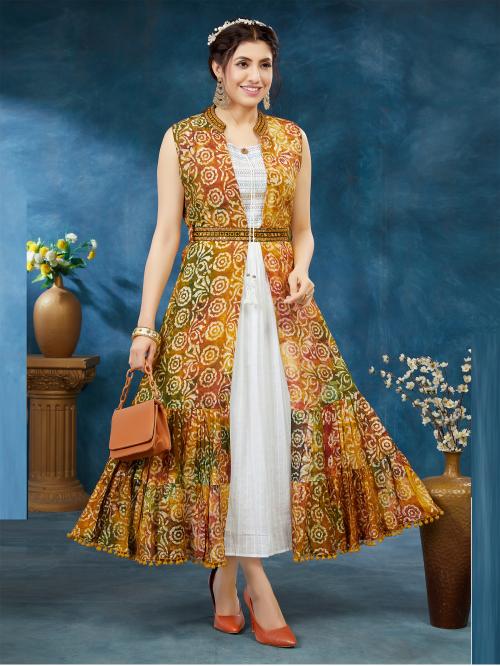 DOLANE Women's White Color Cotton Flared Kurtis with Multi Color Jacket Gown Style (DOLN2-KRT-11/L)