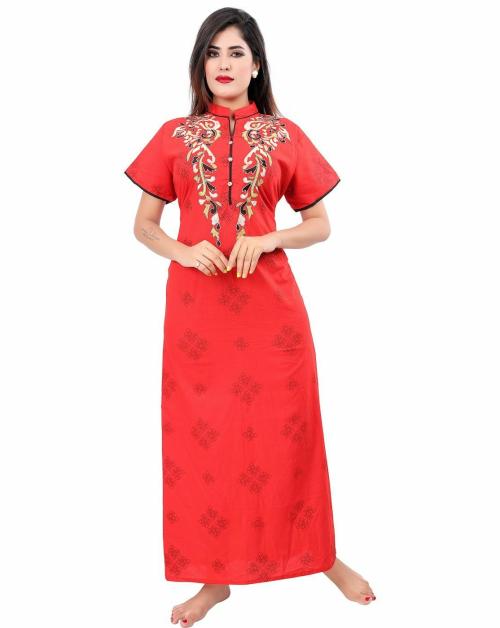 BAILEY SELLS Women Red Embroidered Cotton Nighty | Free Size Nighties | Red Nighties | Cotton Nighties | Night wear | Sleep wear