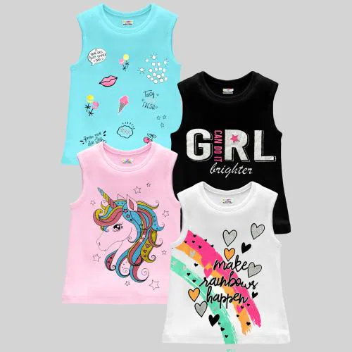 KUCHIPOO Girls Regular Fit Sleeveless Cotton T-Shirts (KUC-TSHRT-425, Multi-Colored)