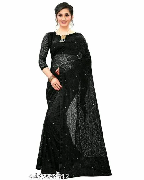 SAADHVI Women's Black Net Embroidered saree / saree for women / sarees / sarees latest / sari With Blouse