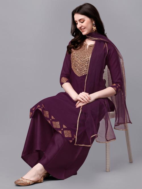 Modestouze Attires Women's Embroidered Kurta And Pant Set With Net Dupatta (Purple) (MAJK43MAHARANI)