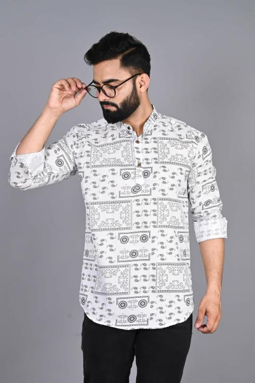 FUBAR Men White Printed Cotton Blend Straight Kurta (Medium)