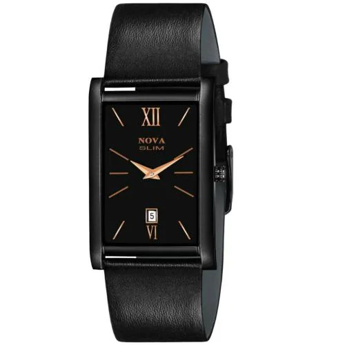 Nova Leather Slim Date Black Plated Finish With Japanese Technology Wrist Watch