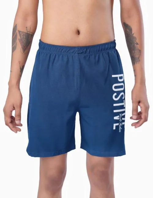 Woofit N.S Lycra Shorts for Men's - Positive Print Casual Running Shorts With Pocket (Blue) - M
