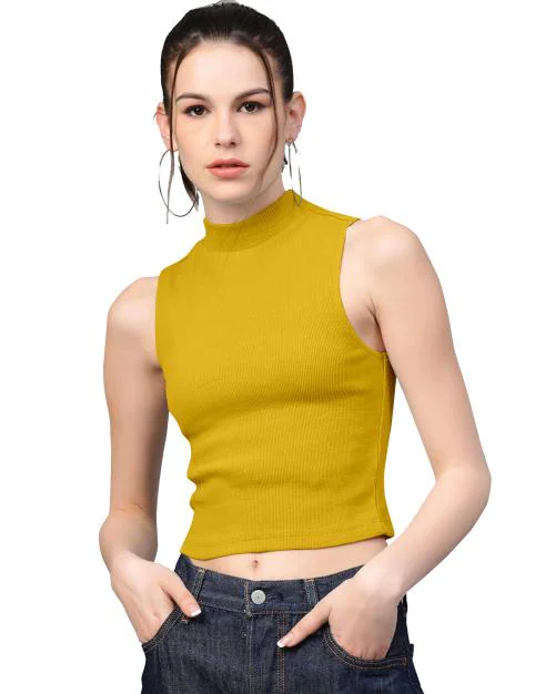 UNIKKART Yellow Crop Top For Women High Neck Ribbed Sleeveless Tank Crop Top M