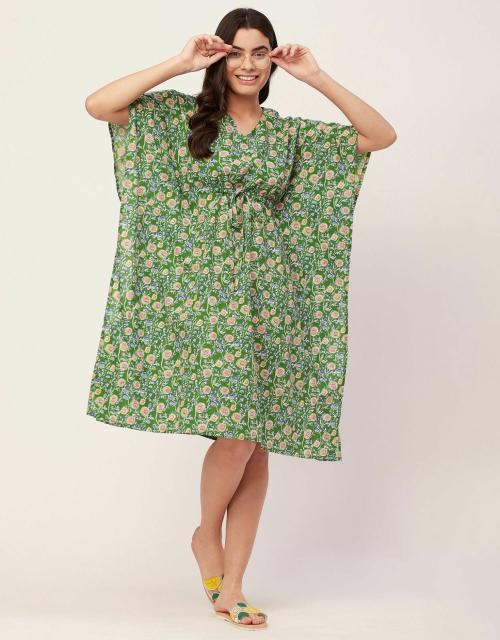 Moomaya Sleepwear, Printed Kaftan For Women, V-Neck Cotton Caftan Sleep Dress