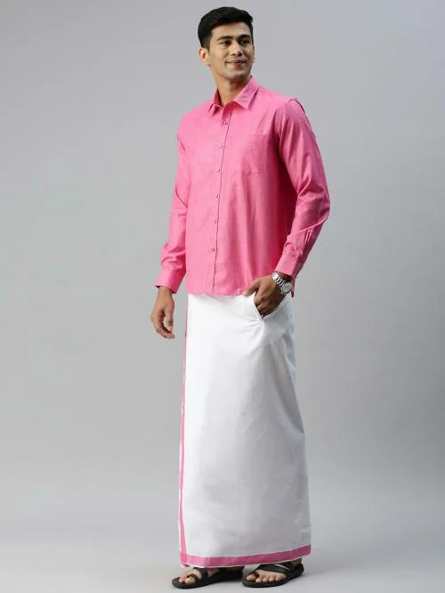 RAMRAJ Men Cotton Matching Border Adjustable Dhoti with Full Sleeve Pink shirt (44; Pink)