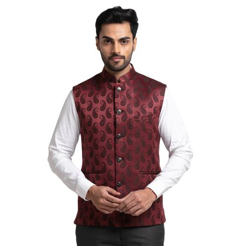 Raymond Contemporary Fit Self Design Maroon Waistcoat