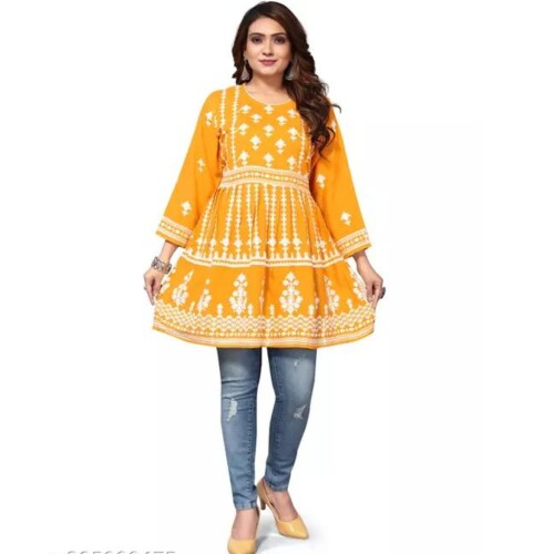 Trogez Short Kurti for Women & Girls | Embroidered Straight Rayon Kurta | Round Neck Full Sleeves Regular Fit Casual Wear Printed Short Kurti | Tunic Tops for Girls & Women (Kurti-Yellow-2XL)
