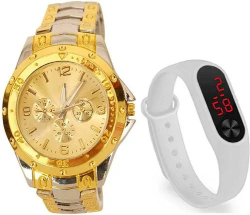 EDENSCOPE Analog Digital Black, Gold Dial White, Silver, Gold Strap Watch For Boys And Men (RY/426)