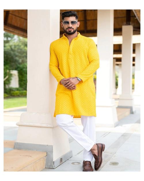 CRYSTAL REVENUE Men's Cotton Ethnic Motifs Mirror Work Kurta Set For Festival And Wedding Wear (Yellow) - Large