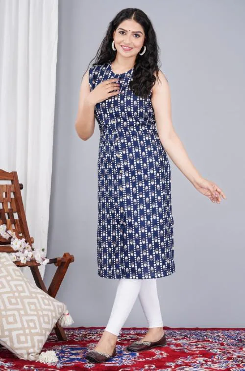 Subika Textile Women's Rayon Printed Split Cut Sleeveless Kurti (Dark Blue-S)
