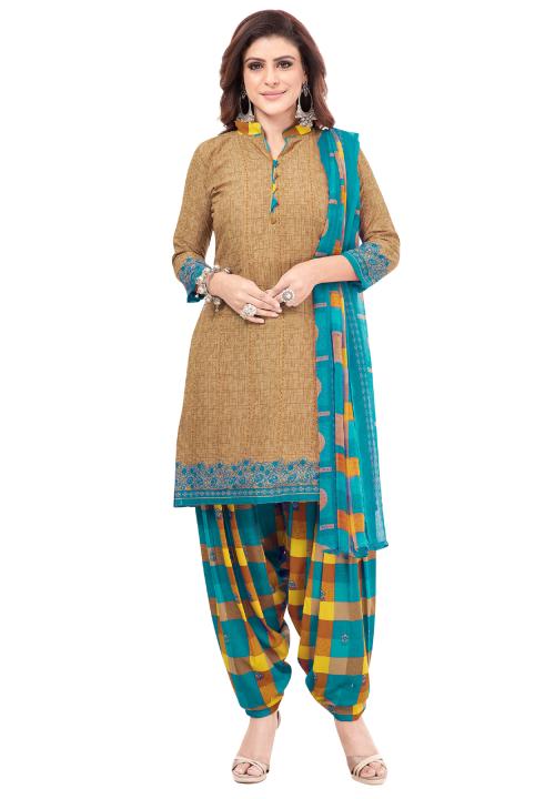 Salwar Studio Women's Beige & Blue Synthetic Printed Unstitch Dress Material with Dupatta