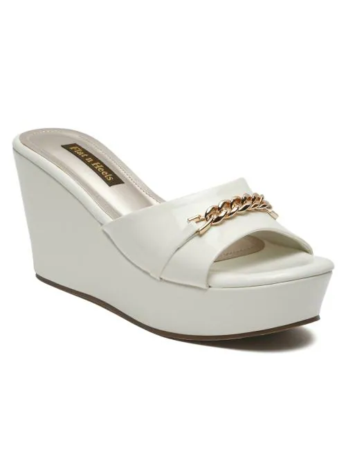 Flat n Heels White Wedges for Women