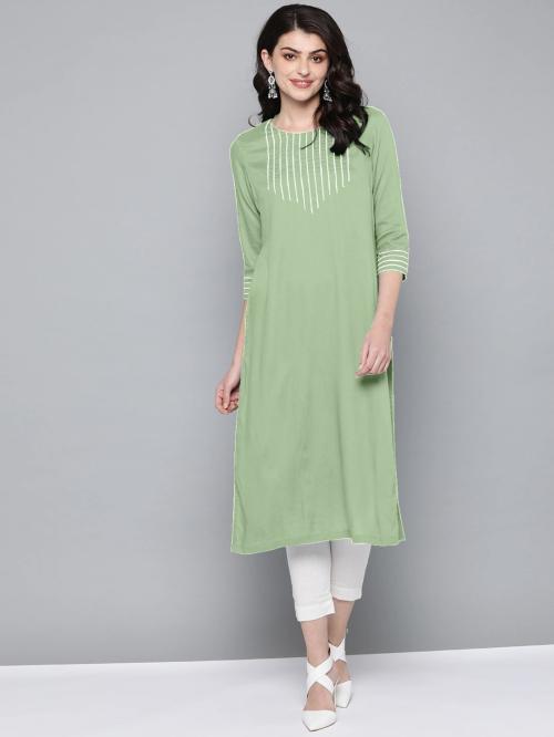 WOMEN VILLAGE Women Pista Embroidered Viscose Rayon Pathani Kurta - M