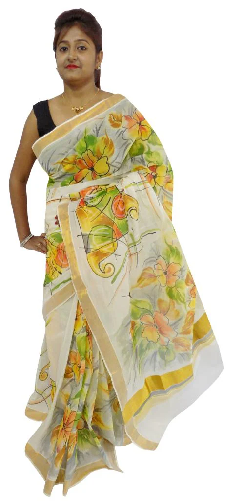 Kheyali Boutique Hand Painted Kerala Cotton Multicolor Saree