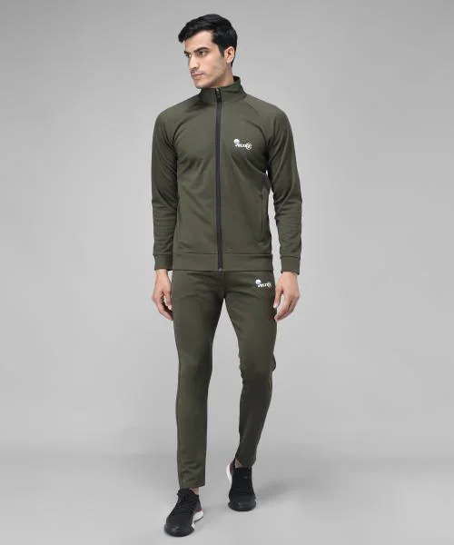 Veltick Men's Lycra Solid Olive Green Tracksuit