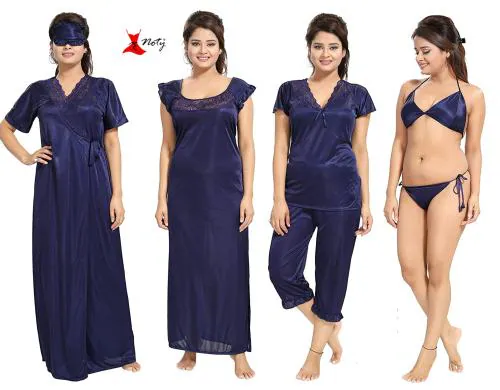Noty Women's- Nightwear Set- Nighty/Robe/Top/Capri/Bra/Panty/Eye Mask- Satin Fabric- 7 Pc (Blue, Free Size)